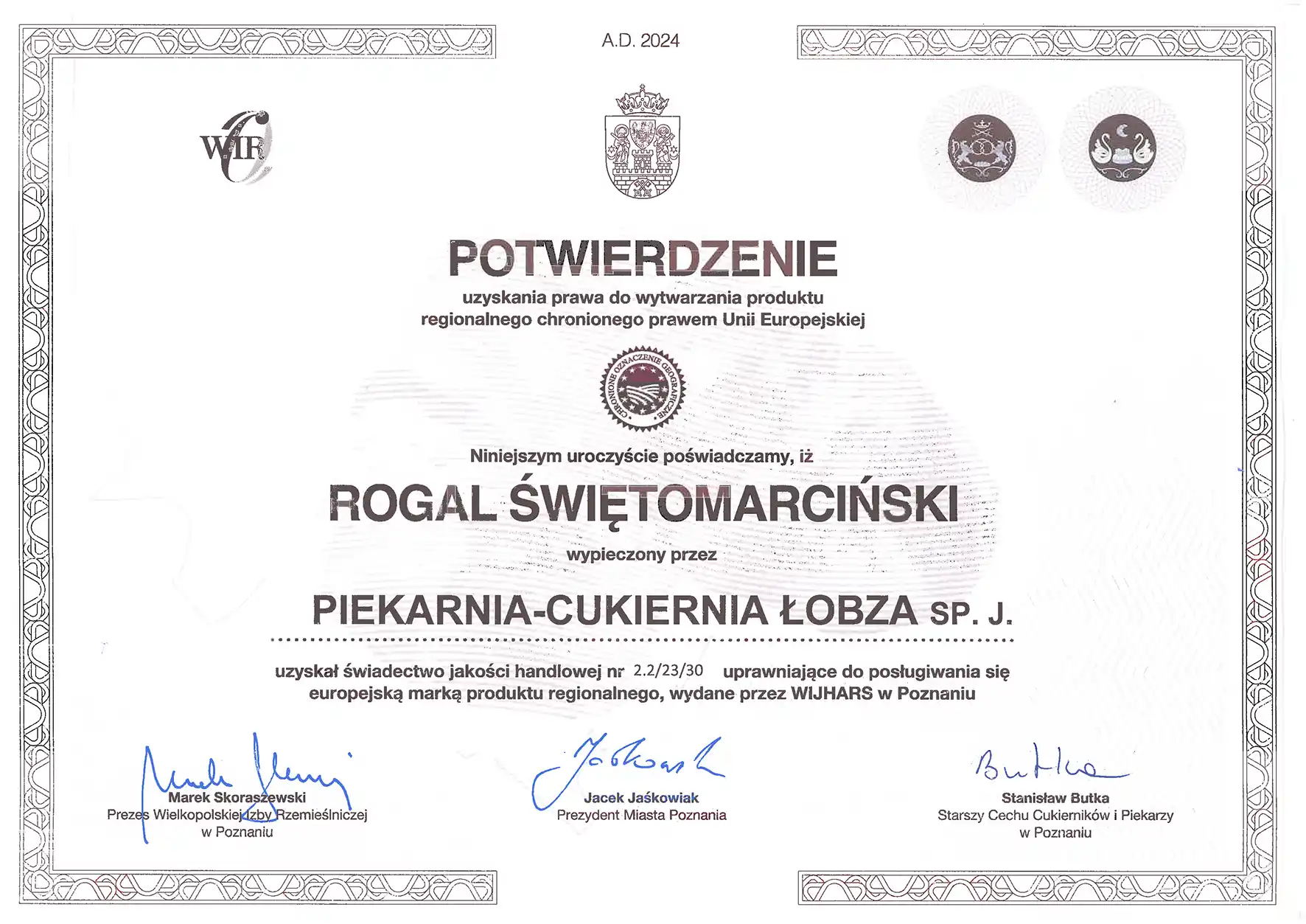 Certyfikat Rogale Świętomarcińskie